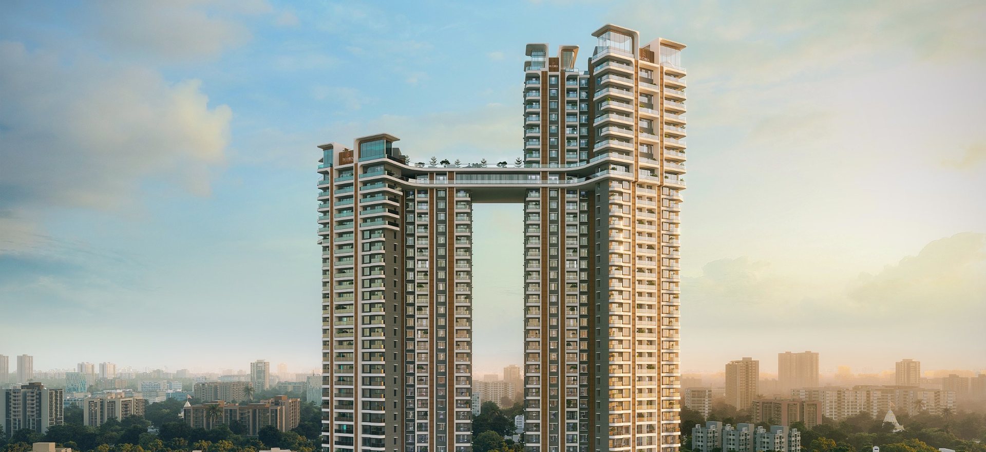 Ruchira The Rise twin towers joined by the Sky Bridge at Budigere Cross