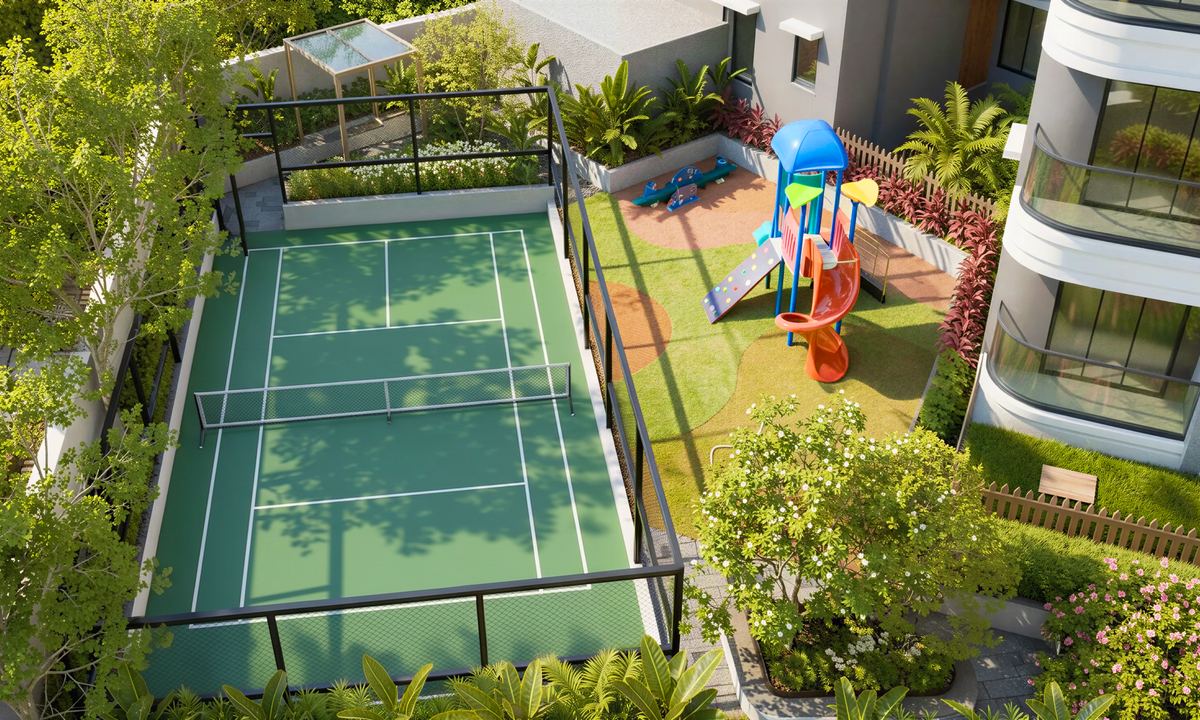 Kids' play area and pickleball court at Ruchira The Rise