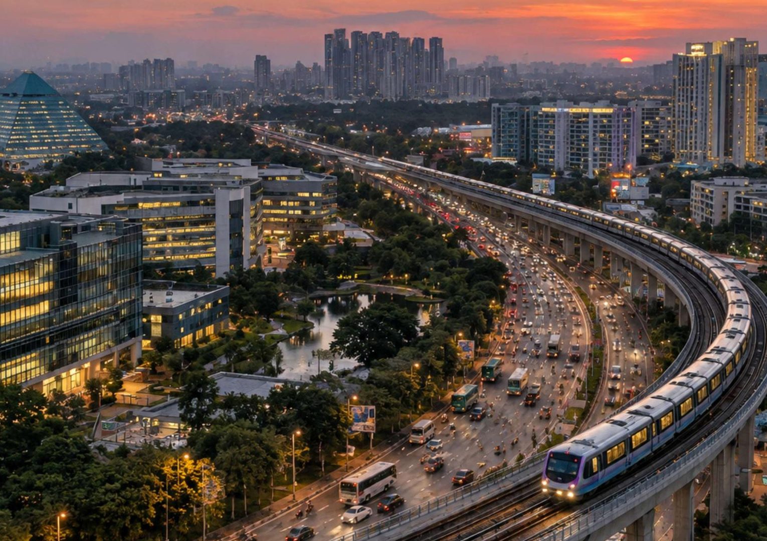 Metro and skyline near Budigere Cross, East Bengaluru